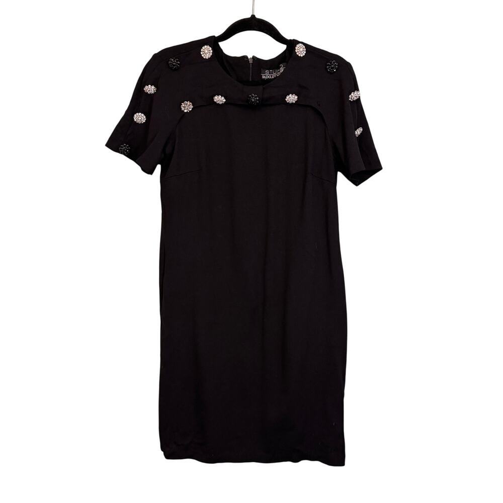 Studio Badgley Mishka Mini Shift Dress Womens M Black Evening Floral Rhinestones